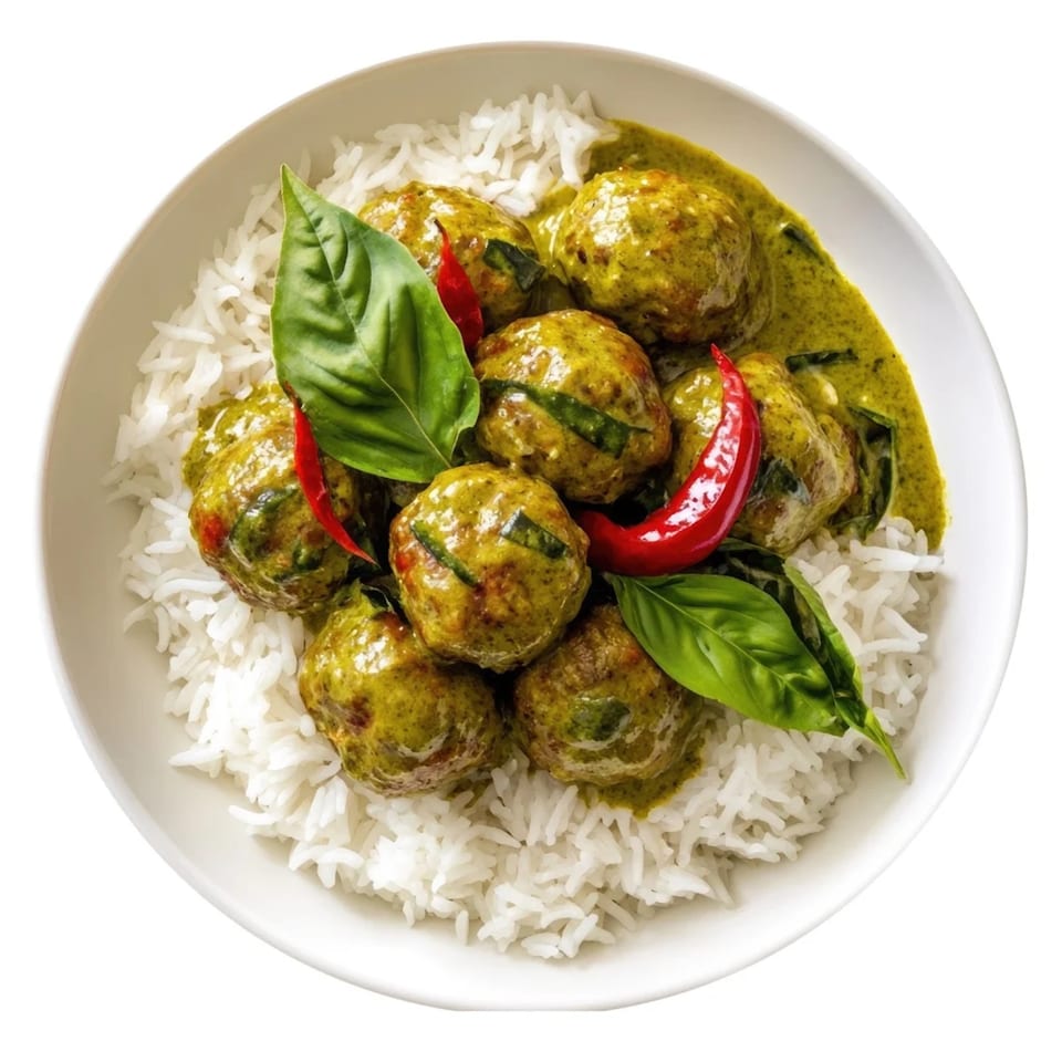 Thai green curry meatballs with white rice, fresh basil, and red chili peppers in a white bowl.