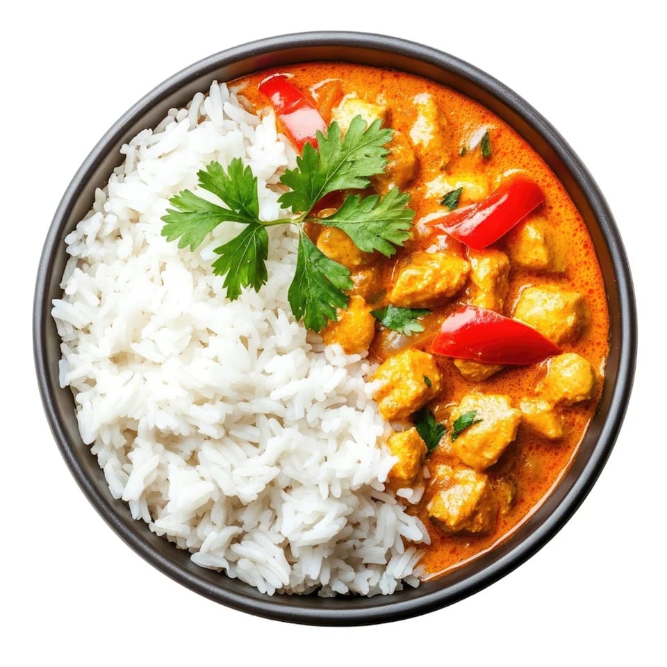 Overhead view of a black bowl filled with Thai red curry chicken and white rice.