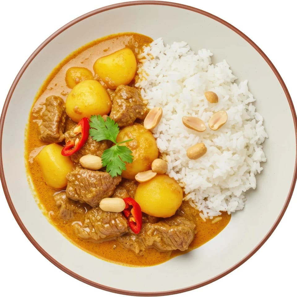 Massaman curry with beef, potatoes, peanuts, red chili, cilantro, and white rice.