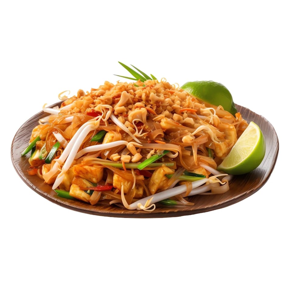 A plate of Thai Pad See Ew noodles with tofu, bean sprouts, peanuts, and lime wedges.