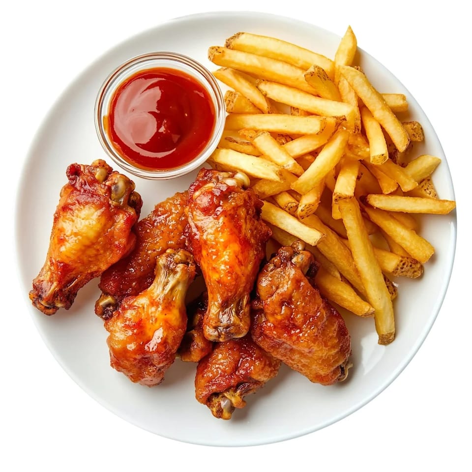 Plate of crispy fried chicken wings with a side of golden french fries and ketchup.